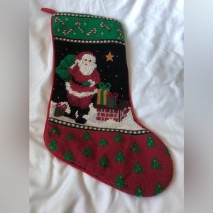 Vintage Wool Needlepoint Christmas Stocking Santa Claus on Roof w/Toys